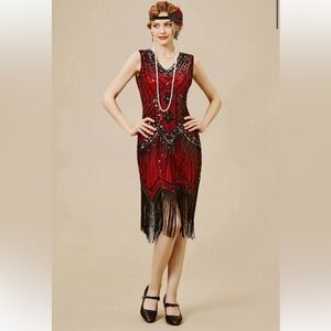 BABEYOND Flapper Cocktail Vintage Era Red Black Sequin Dress Great Cond L